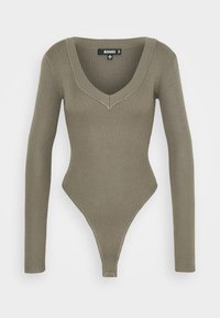 Olivově zelený žebrovaný body s dlouhým rukávem a hlubokým výstřihem do V, s designem tanga na zadní straně, vyrobeno z pružného materiálu.