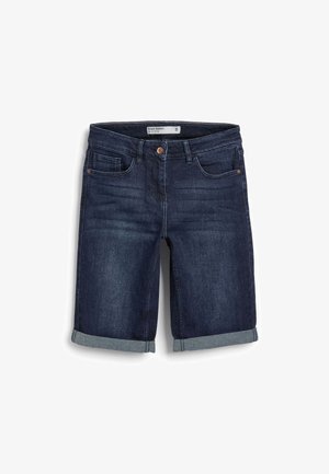 Short en denim foncé avec ourlet retroussé, doté de poches avant et d'une fermeture à bouton unique à l'avant. L'étiquette à l'intérieur indique "Knee Short".