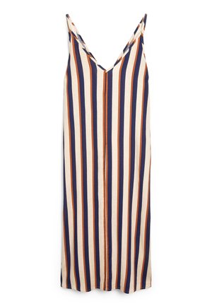 Sleeveless midi dress with vertical navy blue and rust orange stripes on a beige background, featuring a V-neckline and thin straps.