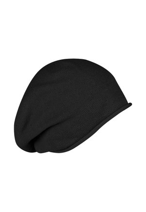 Berretto di maglione nero con una forma morbida, caratterizzato da un tessuto testurizzato e una visiera stretta e arrotondata alla base.