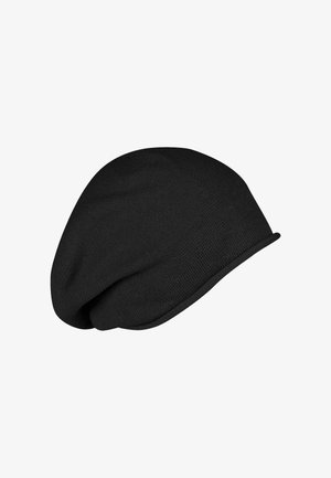 Berretto di maglione nero con una forma morbida, caratterizzato da un tessuto testurizzato e una visiera stretta e arrotondata alla base.