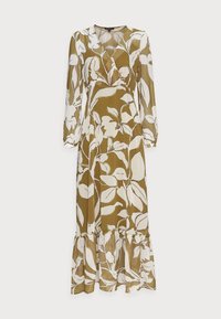 Pitkä, oliivinvihreä mekko, jossa on valkoinen lehtikuviot, V-pääntie, pitkät hihat ja röyhelöhelma. Valmistettu kevyestä, valuvaasta kankaasta.