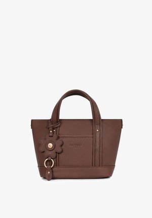 Brązowa skórzana torebka z dwoma górnymi uchwytami, przednią kieszenią oraz ozdobą w kształcie kwiatu z złotymi akcentami.