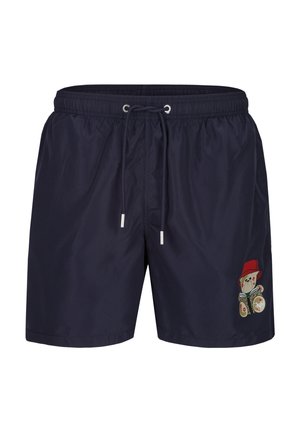 Navyblaue Badeshorts mit elastischem Bund, verstellbarem Kordelzug und kleinem Teddybär mit rotem Hut am unteren Bein.