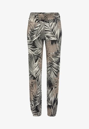 Pantalones con estampado de hojas de palma en negro, beige y blanco. Fabricados con una tela suave, presentan una cintura elástica fruncida y tobillos con puños.