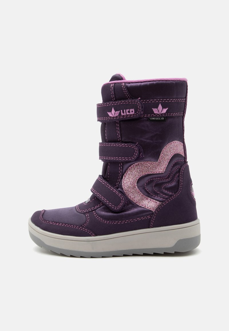 Botte d’hiver violette pour enfants avec trois bandes velcro, motif cœur pailleté et semelle en caoutchouc blanche.