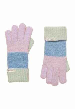 Weiche Strickhandschuhe mit pastellrosa Fingern, blauem Mittelteil und hellgrünen Bündchen, jeweils mit einem kleinen "Joules"-Etikett versehen.