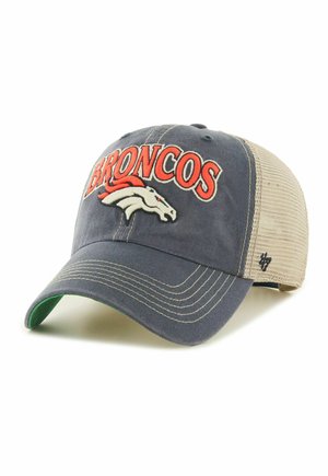 Blaue und beige Broncos Cap mit weißem und orangefarbenem Pferdelogo und orangefarbenem "BRONCOS" Schriftzug vorne, Mesh-Rückseite und gebogenem Schirm.