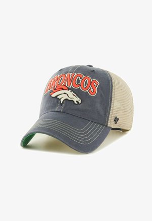 Blaue und beige Broncos Cap mit weißem und orangefarbenem Pferdelogo und orangefarbenem "BRONCOS" Schriftzug vorne, Mesh-Rückseite und gebogenem Schirm.
