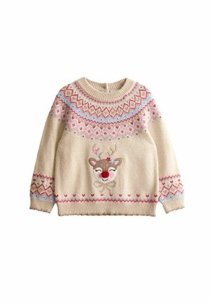 Cremfarbener Strickpullover mit einem Rentier-Motiv, geometrischen Mustern in Pink und Blau am Halsausschnitt und den Ärmeln. Gerippte Bündchen und Saum.