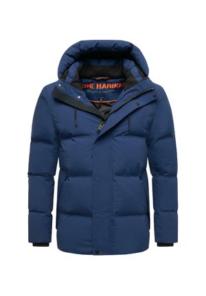 Navy blue puffer jacket with a detachable hood, featuring multiple pockets, a front zipper, and a soft inner lining with a logo.