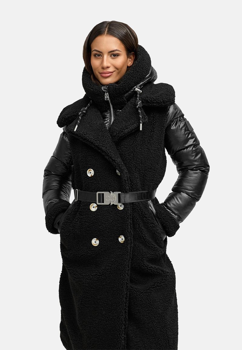 Navahoo Dames winterjas (XS-XXL) - capuchon, gewatteerd binnendeel, teddymantel met riem - N119, gebroken wit, S
