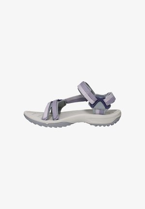 Light gray and lavender outdoor sandal with adjustable straps and a rugged rubber sole, shown in side view on a white background.