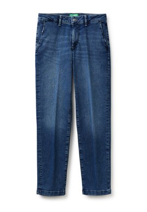 Herren-Jeans aus blauem Denim mit geradem Bein, Vordertaschen, Gürtelschlaufen, Knopf- und Reißverschluss sowie dezenten Used-Effekten.