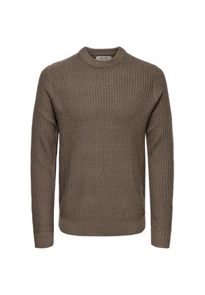 Maglione marrone lavorato a maglia con un motivo testurizzato, scollo tondo e maniche lunghe con polsini e orlo a coste.