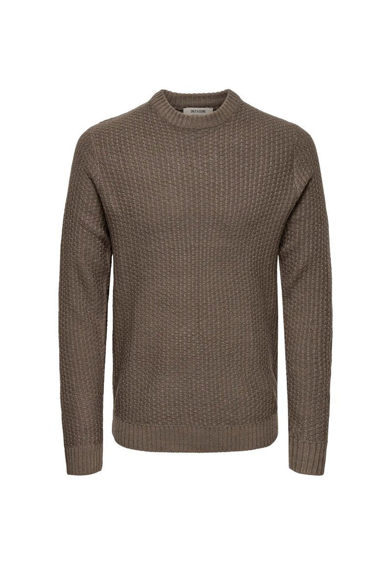 Suéter marrón de punto con un patrón texturizado, cuello redondo y mangas largas con puños y dobladillo acanalados.