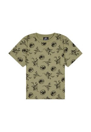 Olivegrünes T-Shirt mit schwarzem Dinosaurier- und Logodruck, mit kurzen Ärmeln, rundem Halsausschnitt und einer weichen Baumwolltextur.