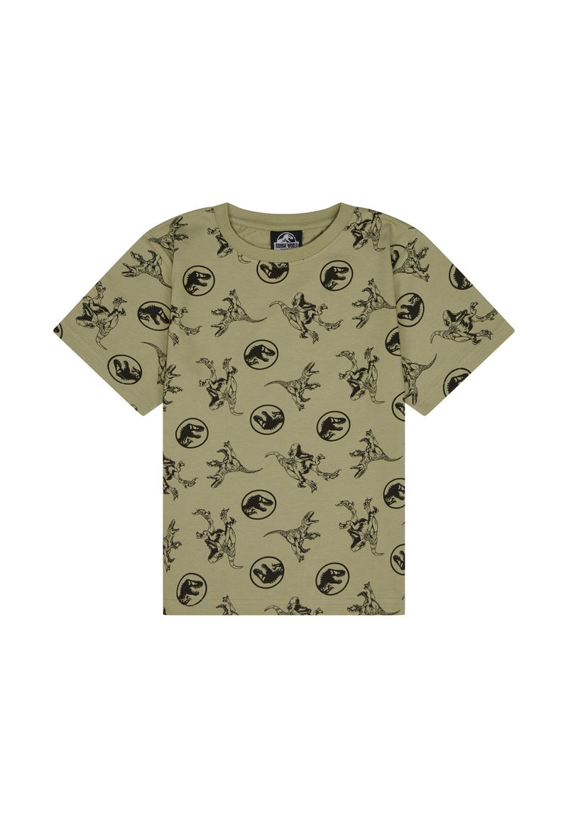 Camiseta verde oliva con impresión de dinosaurio negro y logotipo, con mangas cortas, cuello redondo y textura de tela de algodón suave.