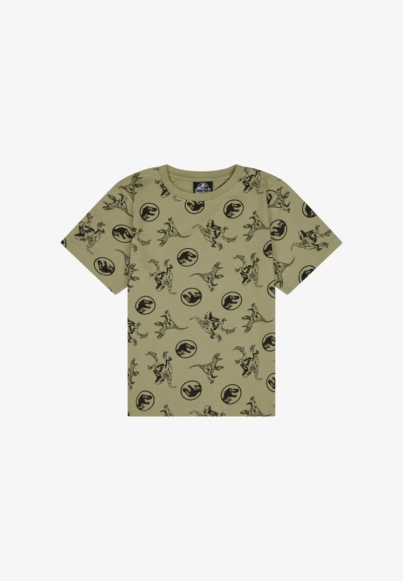 Camiseta verde oliva con impresión de dinosaurio negro y logotipo, con mangas cortas, cuello redondo y textura de tela de algodón suave.