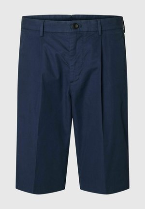 Granatowe szorty wykonane z lekkiego materiału, z plisowanym przodem, standardowym pasem i pojedynczym zapięciem na guzik.