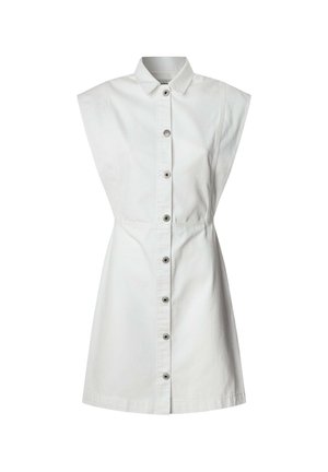 Bijela traper haljina na gumb s ovratnikom, kratkim rukavima i dugmadi sprijeda; strukturan kroj s cinčanim strukom i ravnim rubom.