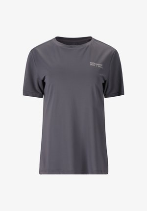 Mørkegrå sportst-shirt med korte ærmer, rund hals og lille hvid "ENDURANCE BIKE // EN.X" tekst på venstre bryst.