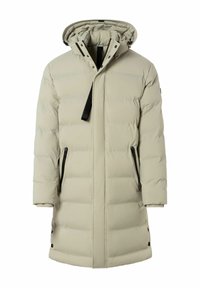 Hellbeige Steppjacke mit Kapuze, schwarzen Reißverschlusstaschen, strukturiertem Stoff und geradem Schnitt. Verfügt über schwarze Akzente und Druckknöpfe.