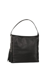 Zwarte gestructureerde lederen schoudertas met een enkele schouderband en twee decoratieve franjes die aan zilveren kettingen aan de zijkant hangen.