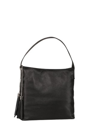 Sac en cuir noir texturé avec une seule bandoulière et deux franges décoratives suspendues à des chaînes en argent sur le côté.