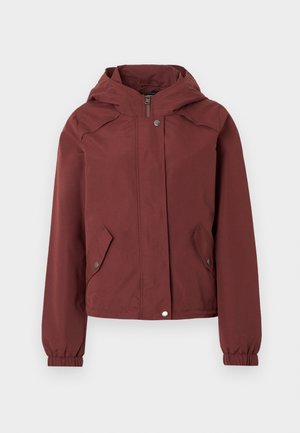 Maroon hooded jacket with front zipper and snap button closure, two front flap pockets with snap buttons, and elastic cuffs.
