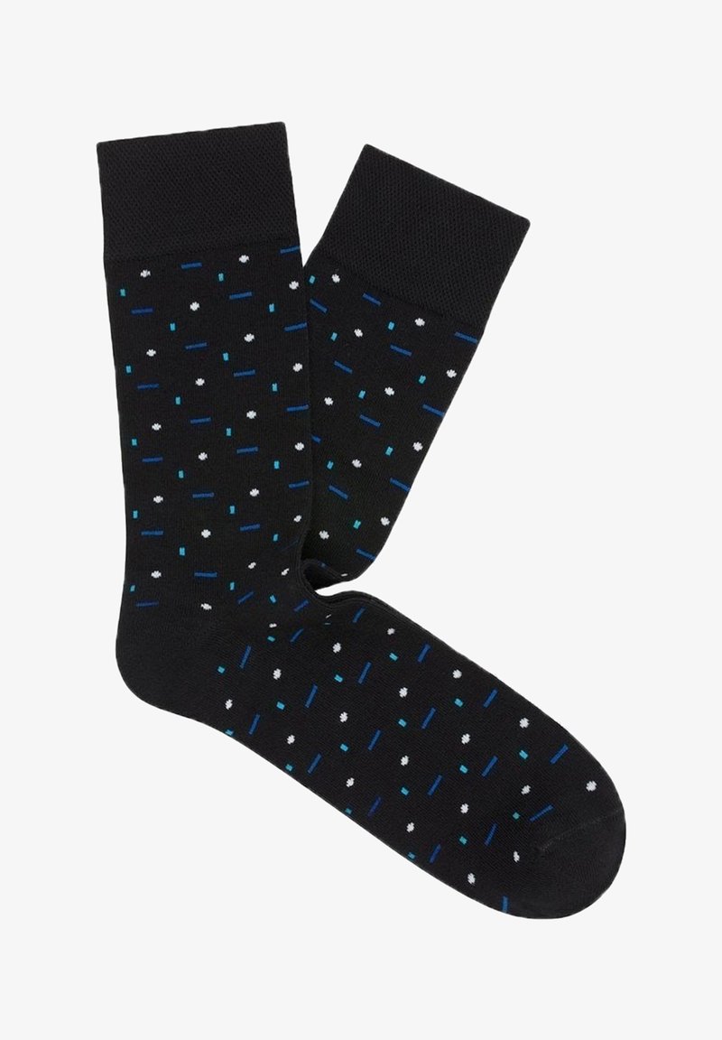 Czarne skarpetki z geometrycznym wzorem, featuring niebieskie, turkusowe i białe akcenty. Wykonane z gładkiego materiału z wygodnym ściągaczem.