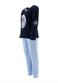Set di pigiama in pile blu composto da una maglietta blu scuro con una grafica di Elsa e un design a stelle, abbinata a pantaloni in pile blu chiaro.