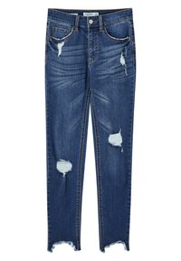 Jean skinny bleu avec des détails usés sur les cuisses, les genoux et des ourlets effilochés, doté de poches avant et d'une ceinture à fermeture par bouton.