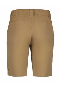 Khaki-Shorts mit einem elastischen Bund, zwei Gesäßtaschen und einem glatten, leichten Stoff. Sie weisen ein minimalistisches Design und keine sichtbaren Beschläge auf.