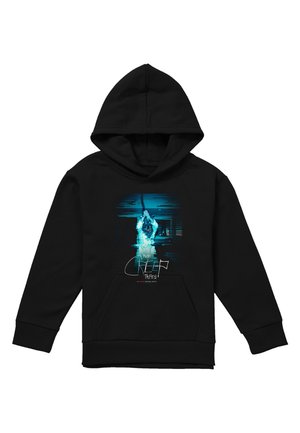 Black hooded sweatshirt with a blue-tinted graphic of a person holding a knife above their head and "The Creep Tapes" text below.