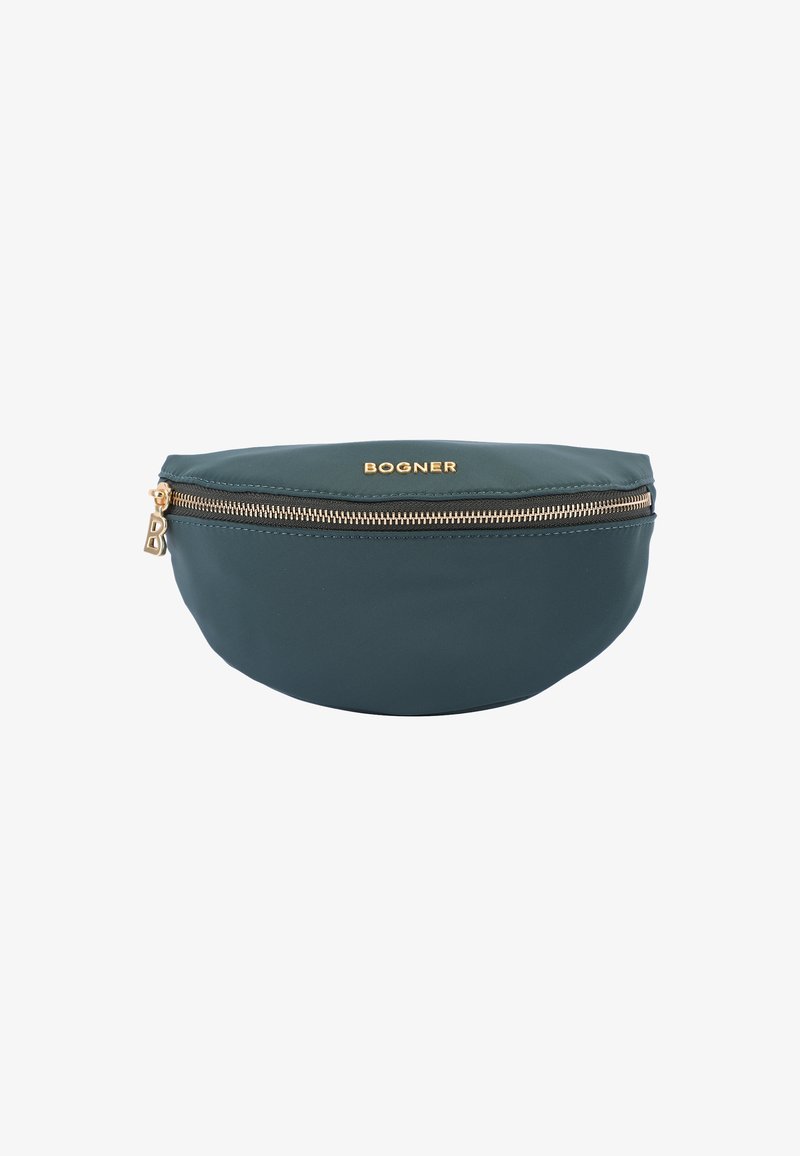 Borsa a pochette in nylon teal con hardware dorato, inclusi cerniera e dettagli del logo. Forma arrotondata con una texture liscia.