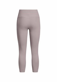 Leggings mauve a vita alta e costine, aderenti e di lunghezza alla caviglia, mostrati dal retro su uno sfondo bianco.