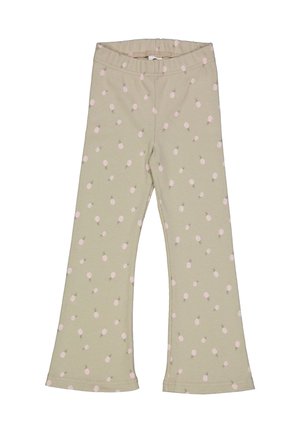 Leggings svasati verde chiaro in tessuto morbido con piccoli motivi di ananas rosa, cintura elastica e una texture liscia.