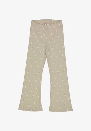 Leggings svasati verde chiaro in tessuto morbido con piccoli motivi di ananas rosa, cintura elastica e una texture liscia.