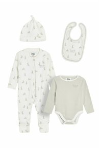 4-teiliges Baby-Outfit-Set aus weicher Baumwolle. Enthält einen weißen Jumpsuit mit grauem Hasenmotiv, einen gestreiften Body, eine Mütze und ein Lätzchen.