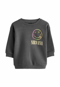 Schiefergrauer Sweatshirt mit lockerer Passform, ausgestattet mit einem bunten Smiley-Gesicht-Design und dem Schriftzug "NIRVANA" in metallischer Optik. Rippkragen und -bündchen.