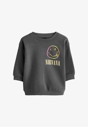 Söehiirdest hall sviiter, millel on vabalt istuv lõige, kaunite värviliste naeratuse nägudega ja metallik viimistlusega "NIRVANA" tekst. Ribikrae ja varrukaotsad.