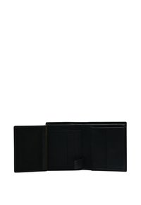 Black leather wallet with multiple card slots, a coin pocket, and a smooth texture. Open design shows interior layout and compartments.