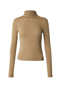 Turtleneck Langarmshirt in einem hellbraunen Farbton, aus weichem, dehnbarem Stoff mit einer enganliegenden Silhouette und nahtlosen Bündchen.