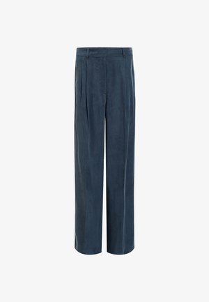 Pantaloni a gamba larga blu navy realizzati in tessuto morbido, con vita piatta, pieghe e vestibilità rilassata. Nessuna chiusura o motivo visibile.