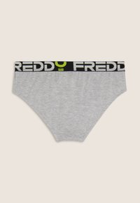 Slip in cotone grigio con ampia cintura nera che presenta la scritta "FREDDY" in bianco e verde neon, che mostra un design semplice e funzionale.