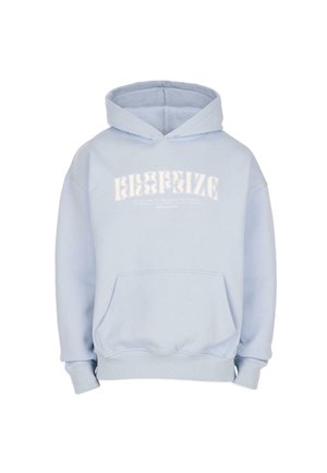 Light blue hoodie with front pocket and white distorted text reading “BOOFRIZE” and smaller text underneath on chest.
