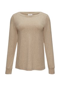 Beige langslipshirt van zachte stof, met een ronde halslijn en manchetten aan de mouwen, met een gladde textuur en zonder patronen.