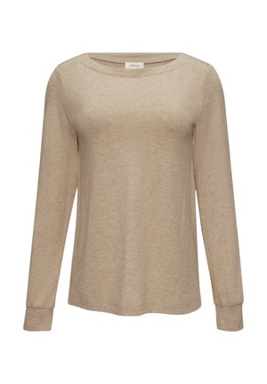 Beige Langarmhemd aus weichem Stoff, mit rundem Ausschnitt und Bündchen an den Ärmeln, mit einer glatten Textur und ohne Muster.