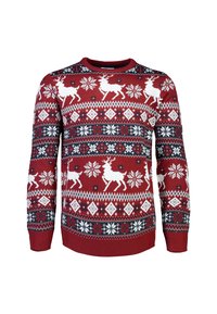 Roter gestrickter Pullover mit weißen Rentieren und Schneeflockenmuster, mit marineblauen und weißen Akzenten. Traditionelles Fair Isle-Design, runder Ausschnitt.